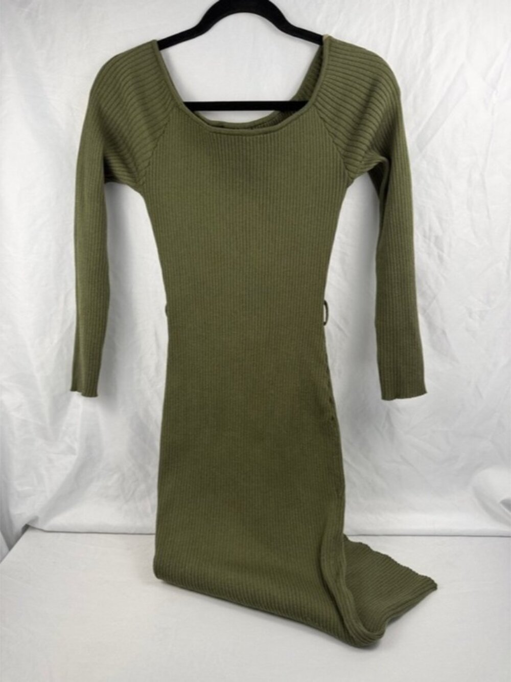 Say What? Olive Ribbed Off-Shoulder Long Sleeve Midi Dress M